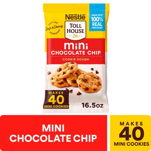 Nestle Toll House Mini Chocolate Chip Ready to Bake Cookie Dough, Makes 40 Cookies for Valentine's Day Baking, 16.5 oz