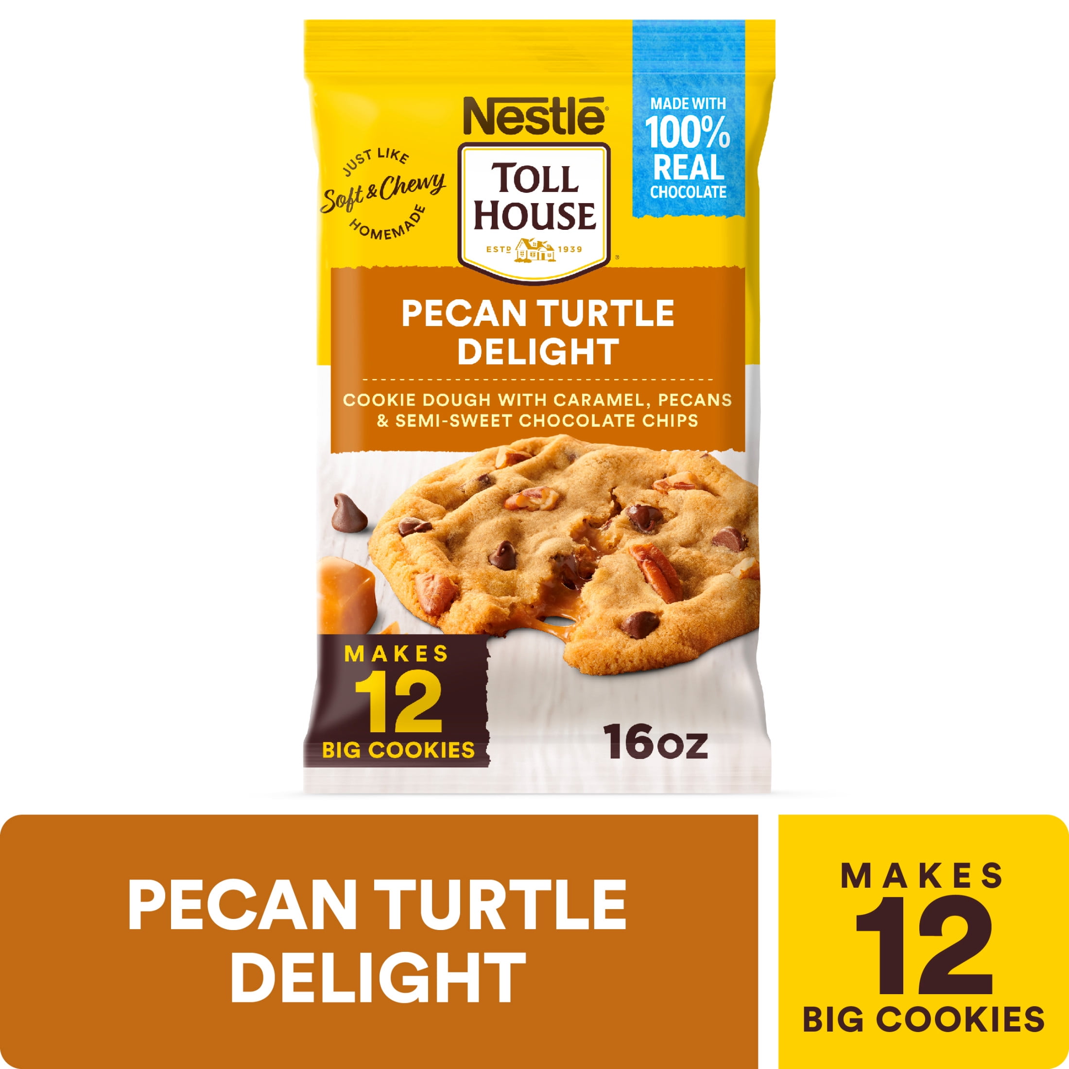 Nestle Toll House Ready to Bake Pecan Turtle Delight Cookie Dough for Holiday Baking, Makes 12 Cookies, 16 oz