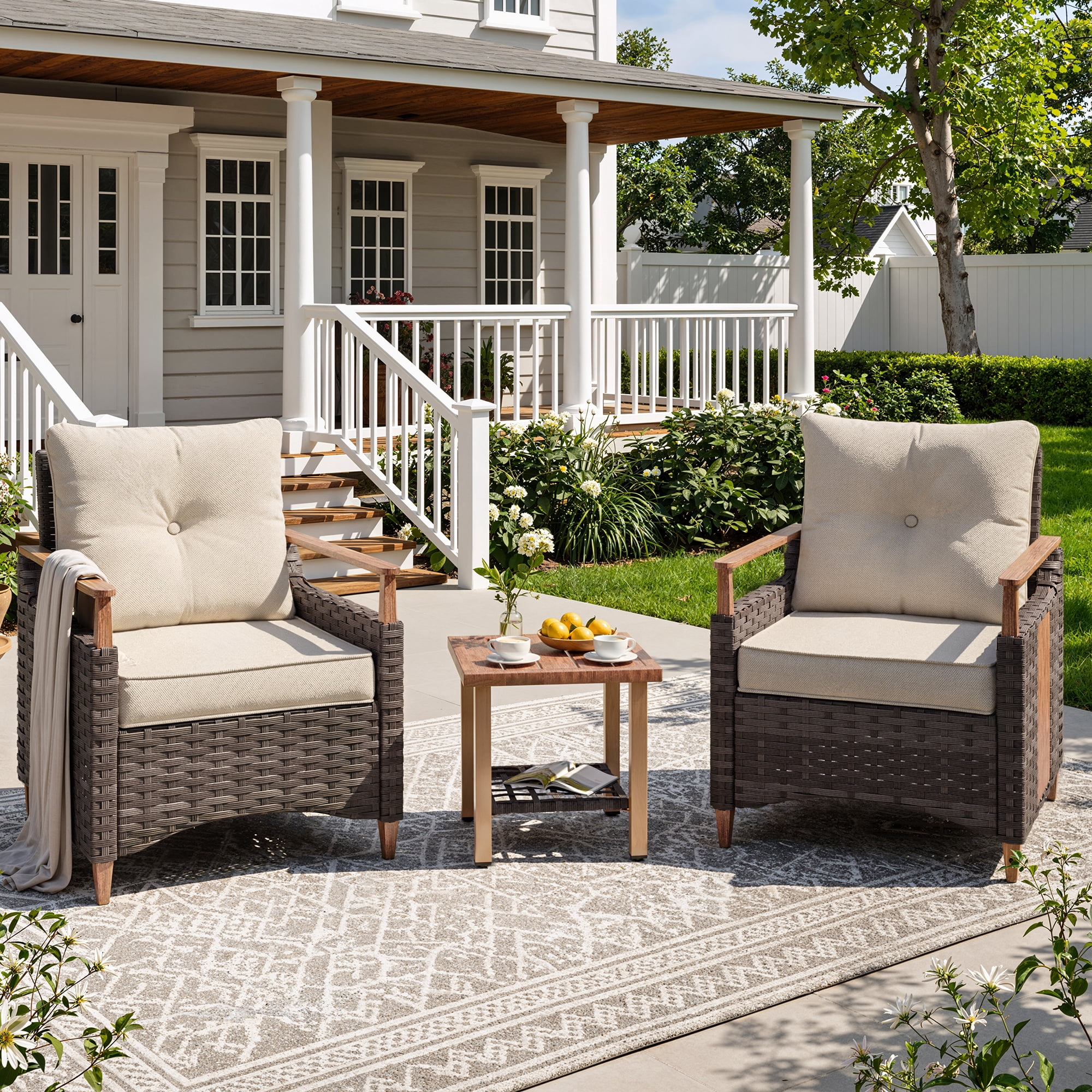 NestNook 3-Piece Outdoor Wicker Patio Furniture Set with Fixed Chairs , Side Table with Cushions for Porch, Balcony, Deck, Backyard