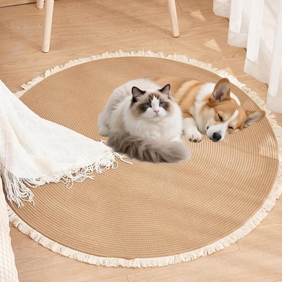 Nestoly Cotton Rope Area Rug for Cats, Reversible & Washable Round Scratching Mat with Tassels, Wear-Resistant for Home Decor