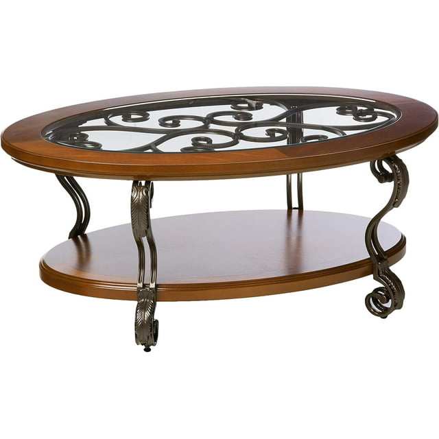 Nestor Traditional Oval Coffee Table With Beveled Glass Top, Scrollwork