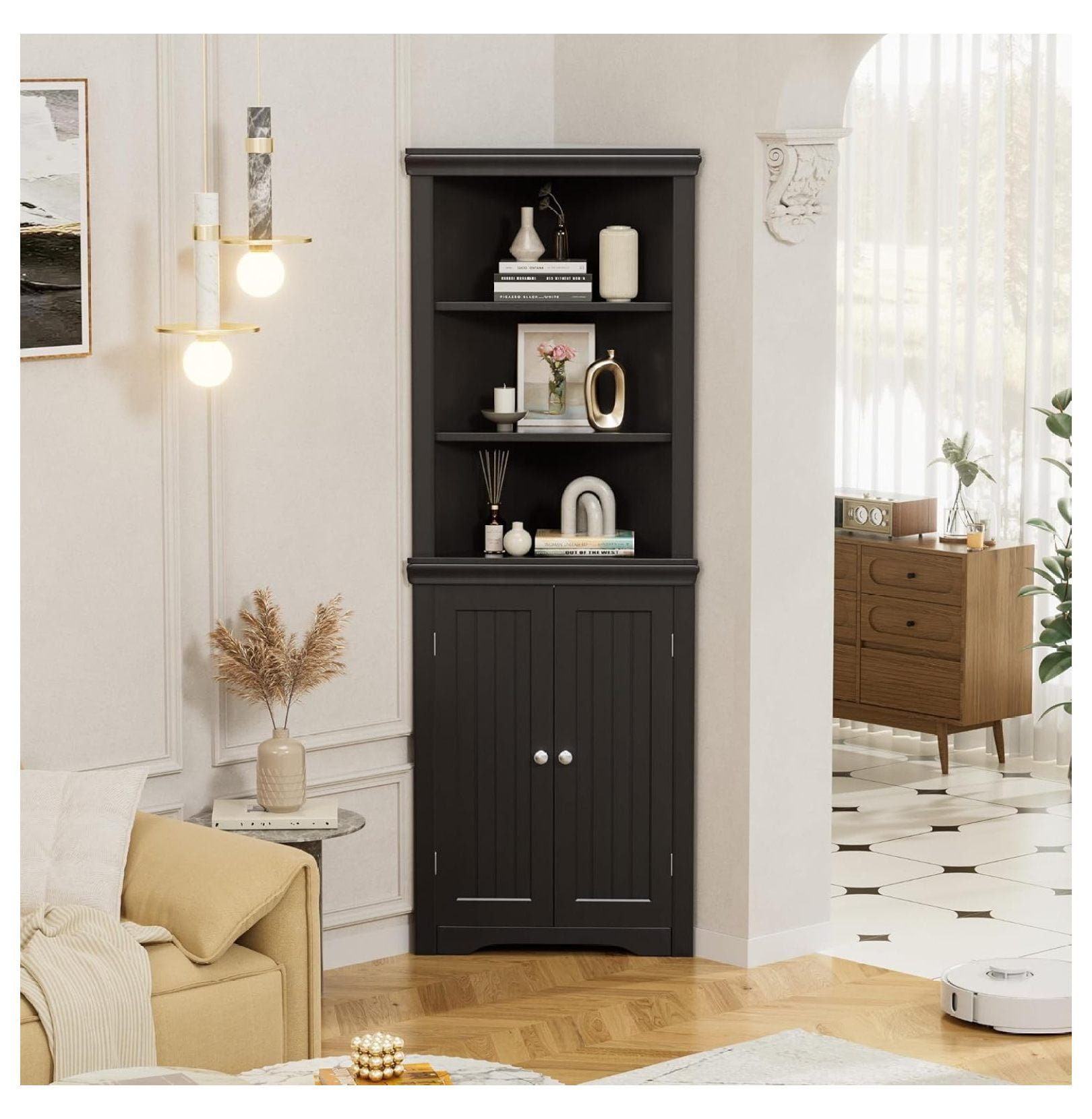 Nestora Corner Corner Shelf with 2 Barn Doors and 3 Shelves