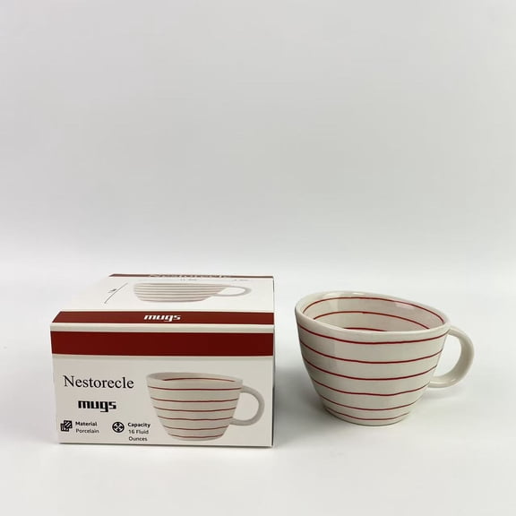 Nestorecle Mugs,Red Stripe Mug 16 oz Terra Cotta Ceramic Cup, Elegant Coffee Mug Drinkware