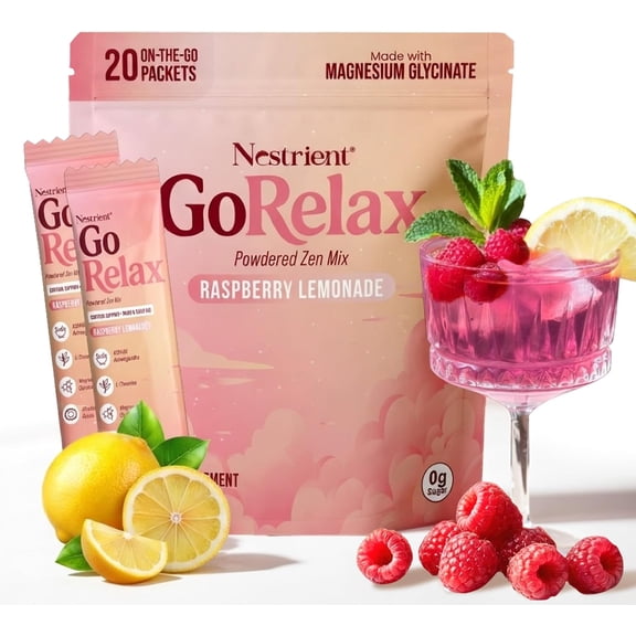 Nestrient GoRelax Zen Mix Daily Relaxation Drink with Adaptogens, Rhodiola Rosea, L-Theanine & Magnesium, 20 Stick Packets (5 Flavors), Non-GMO (Raspberry Lemon)