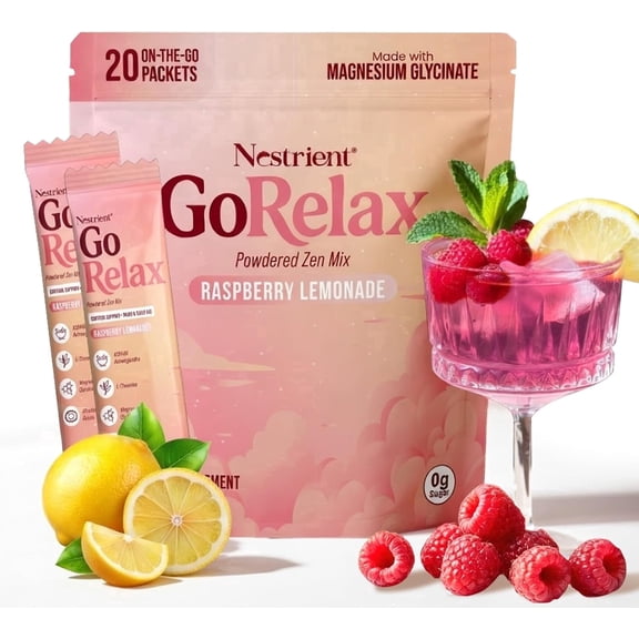 Nestrient GoRelax Daily Wellness Adaptogen Formula Drink Mix with Rhodiola Rosea, L-Theanine & Magnesium - Raspberry Lemon, 20 Stick Packets