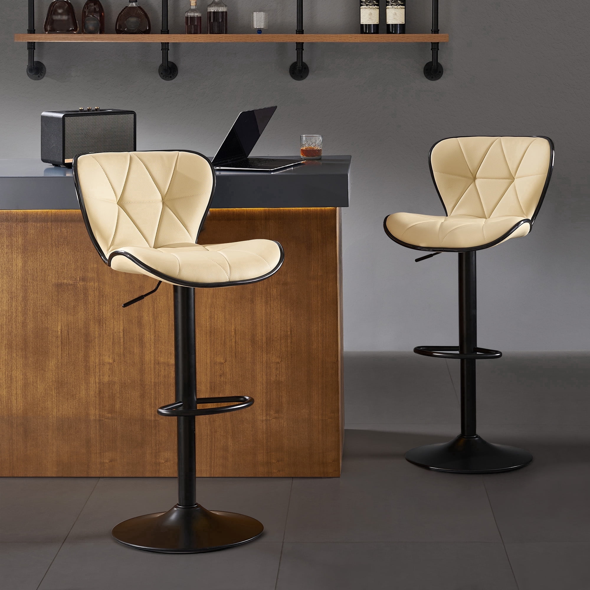 AUNEKIV Bar Stools Set of 2, Modern Swivel Counter Height Bar Stools, Adjustable Leather Bar Chairs with Backrest, Upholstered Armless Bar Height Stools, Island Chairs for Kitchen Counter, Beige