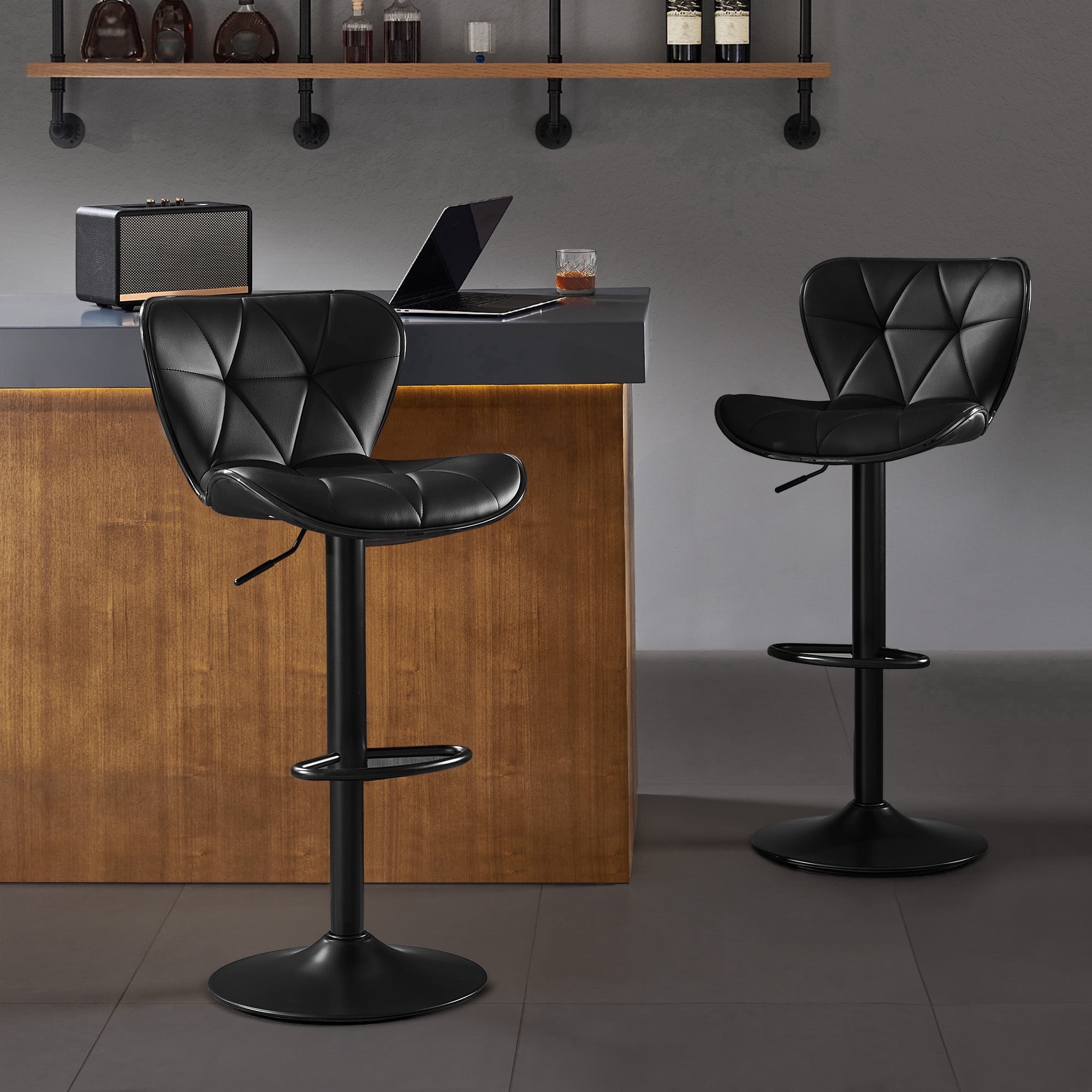 AUNEKIV Bar Stools Set of 2, Modern Swivel Counter Height Bar Stools, Adjustable Leather Bar Chairs with Backrest, Upholstered Armless Bar Height Stools, Island Chairs for Kitchen Counter, Black