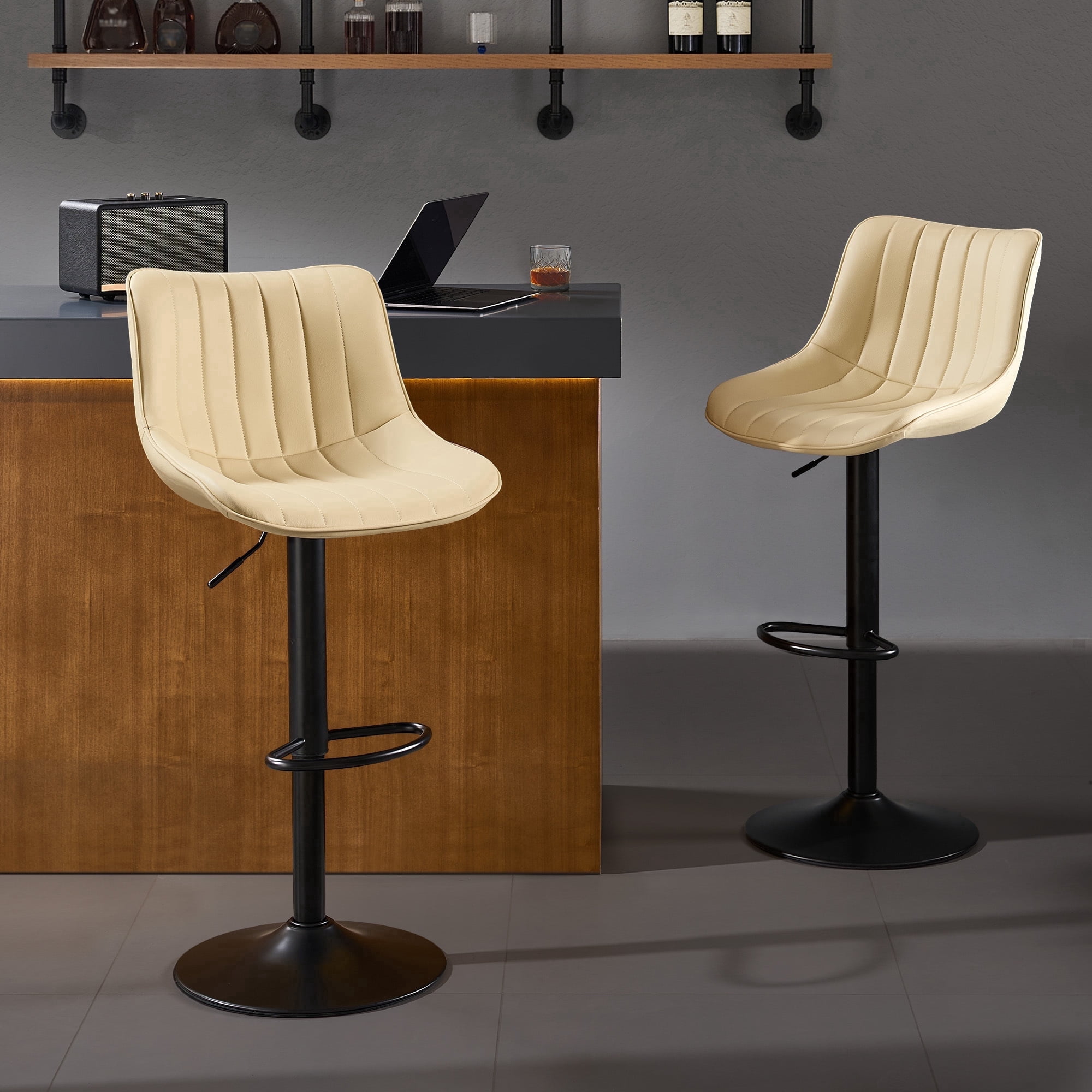 AUNEKIV Bar Stools Set of 2, Swivel Counter Height Bar Stools, Adjustable PU Leather Bar Chairs with Back and Footrest, Modern Armless Counter Stools, Island Chairs for Bar Kitchen, Beige