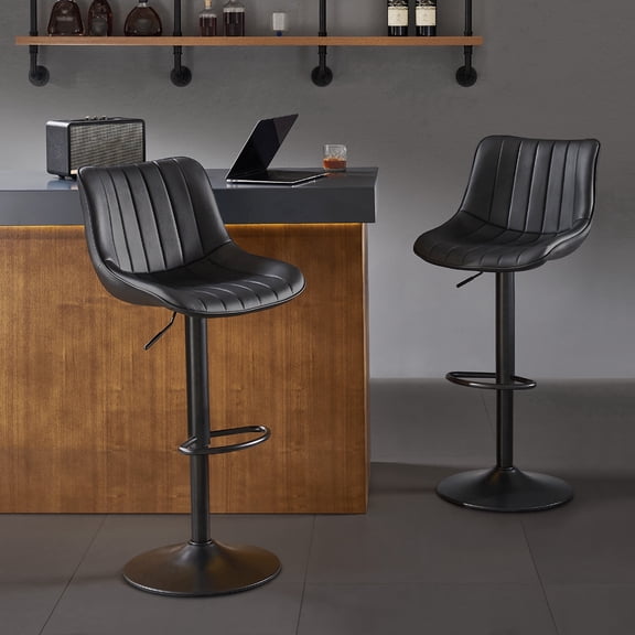 AUNEKIV Bar Stools Set of 2, Swivel Counter Height Bar Stools, Adjustable PU Leather Bar Chairs with Back and Footrest, Modern Armless Counter Stools, Island Chairs for Bar Kitchen, Black
