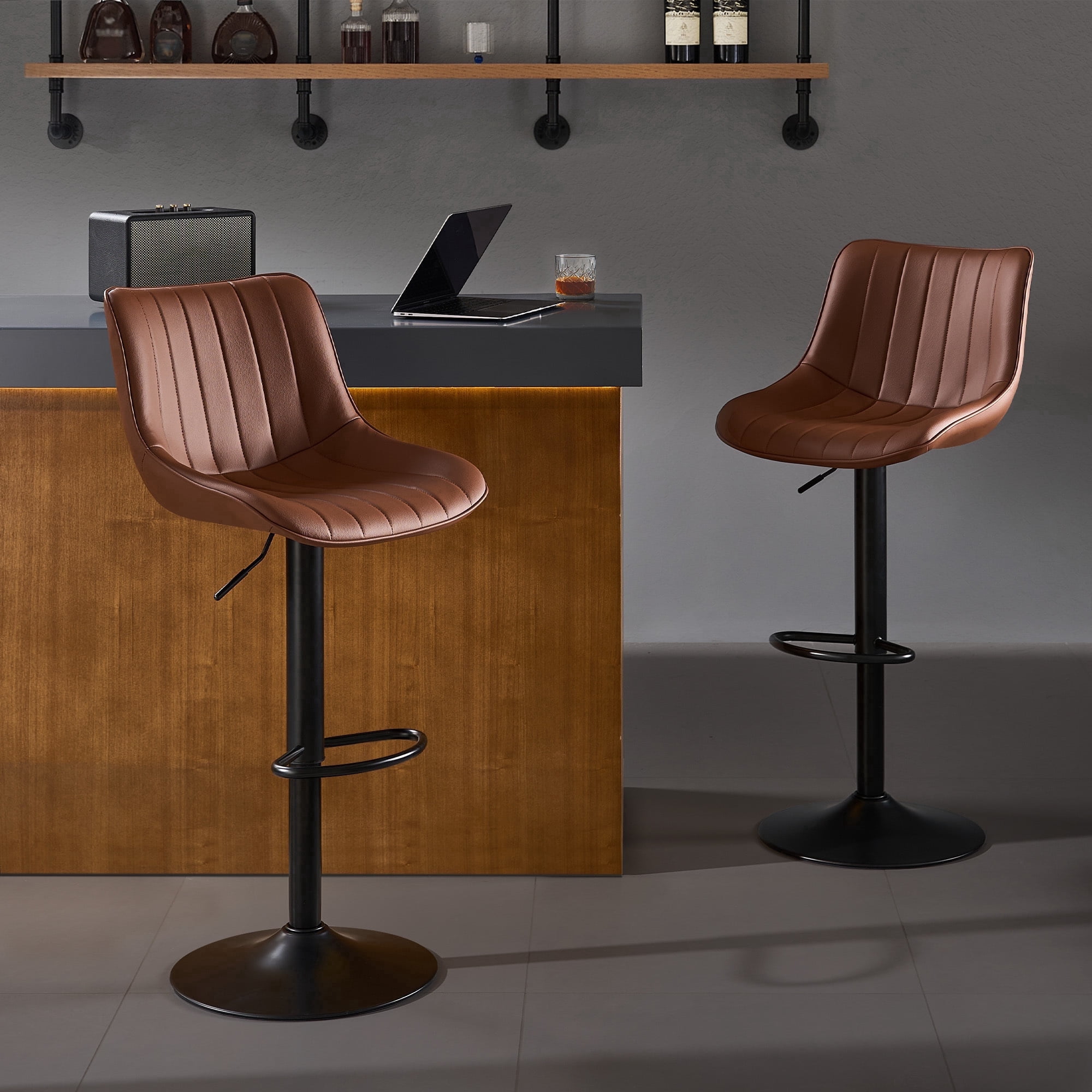 AUNEKIV Bar Stools Set of 2, Swivel Counter Height Bar Stools, Adjustable PU Leather Bar Chairs with Back and Footrest, Modern Armless Counter Stools, Island Chairs for Bar Kitchen, Brown