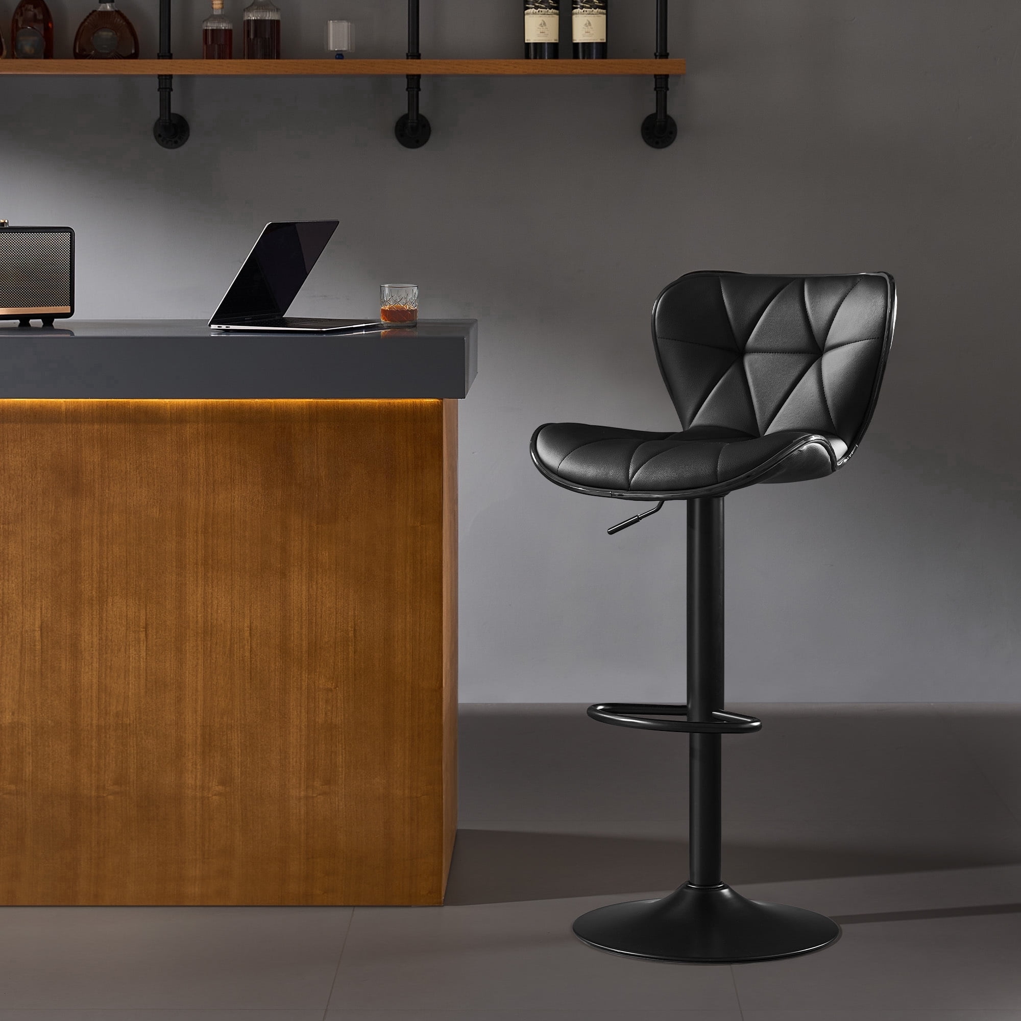 AUNEKIV Bar Stools, Swivel Counter Height Bar Stools, Adjustable Faux PU Leather Bar Chairs with Back and Footrest, Modern Upholstered Armless Counter Stools, Island Chairs for Bar Kitchen, Black