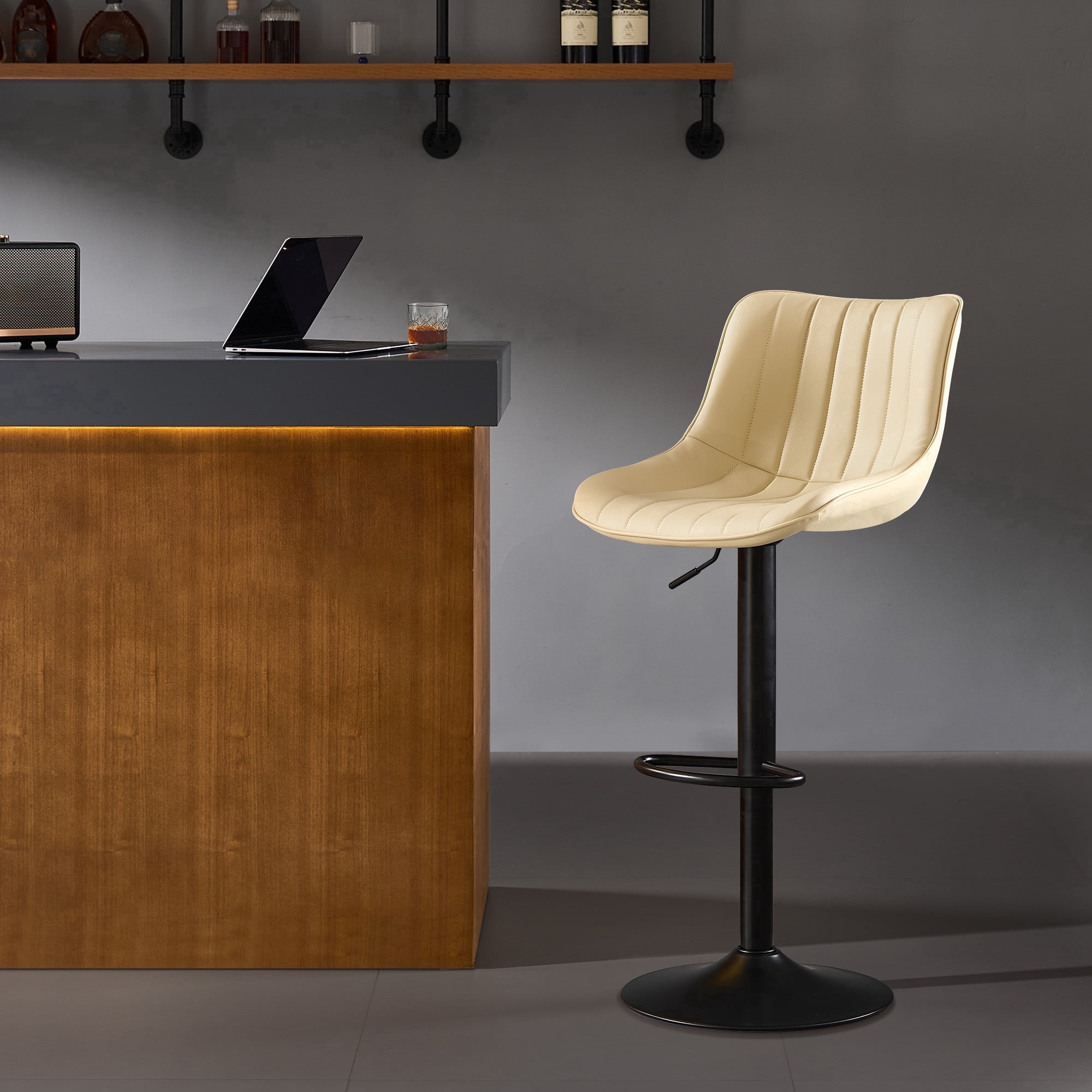 AUNEKIV Bar Stools, Swivel Counter Height Barstools with Back, Adjustable Faux PU Leather Bar Chairs, Modern Armless Kitchen Island Stool, Beige