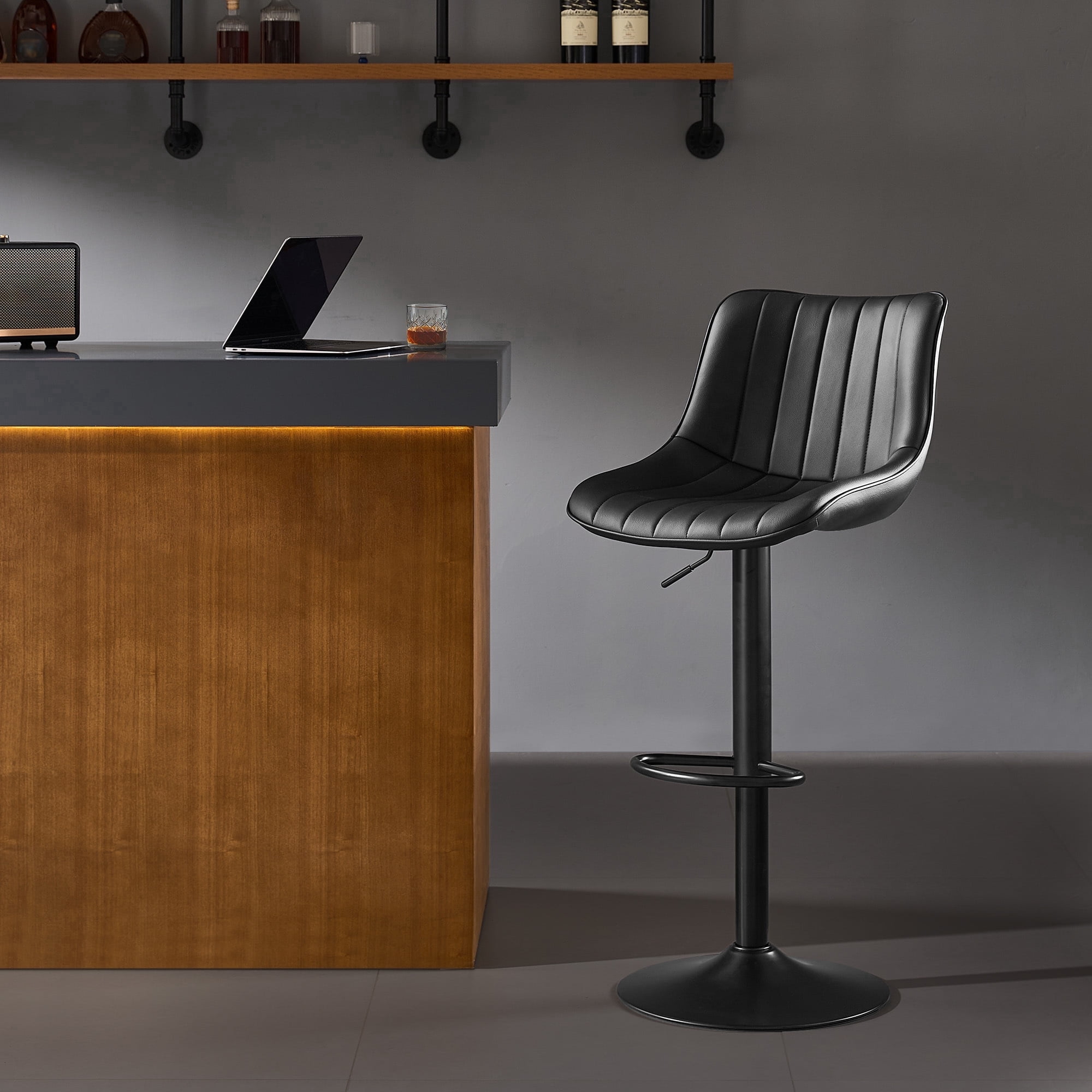 AUNEKIV Bar Stools, Swivel Counter Height Barstools with Back, Adjustable Faux PU Leather Bar Chairs, Modern Armless Kitchen Island Stool, Black