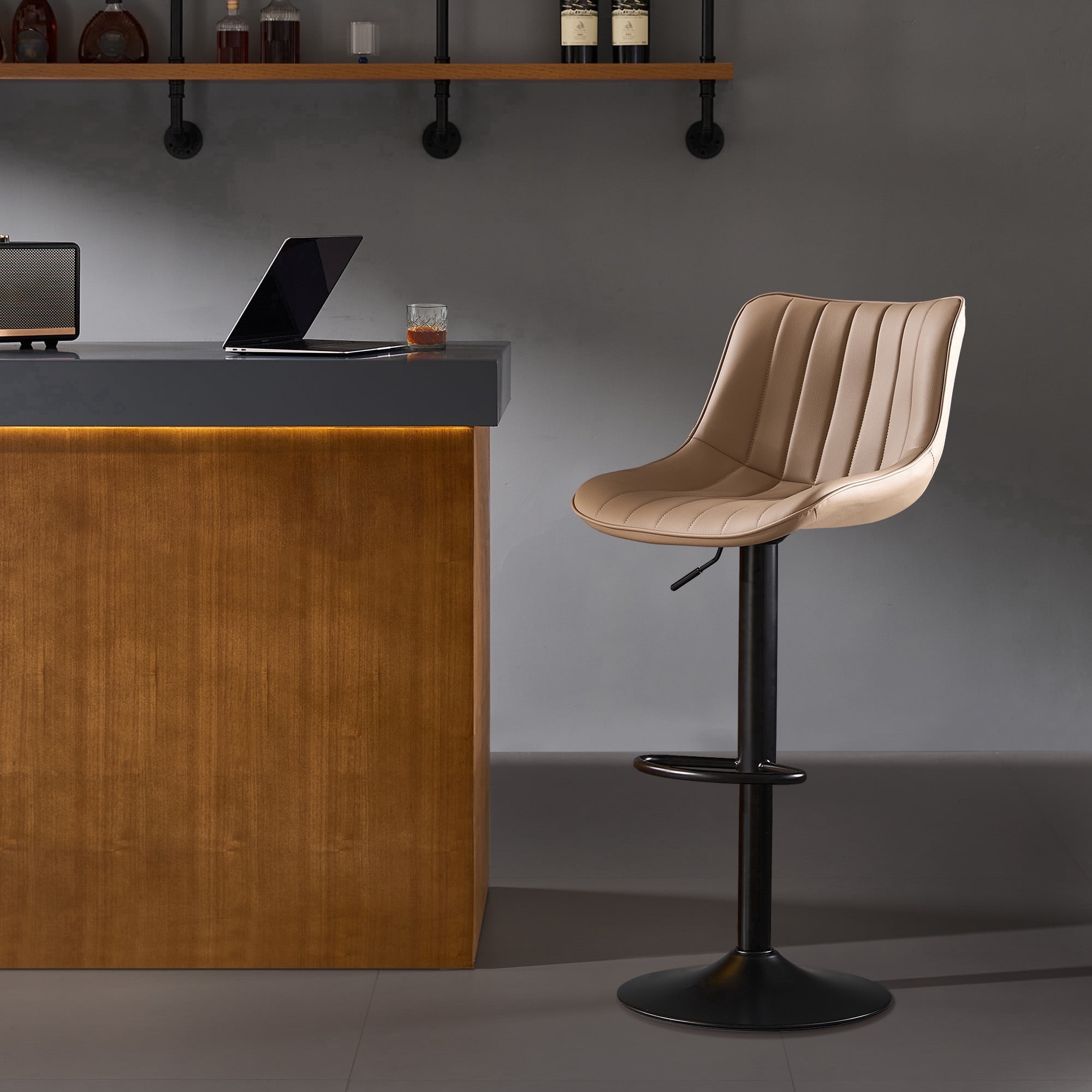 AUNEKIV Bar Stools, Swivel Counter Height Barstools with Back, Adjustable Faux PU Leather Bar Chairs, Modern Armless Kitchen Island Stool, Oatmeal