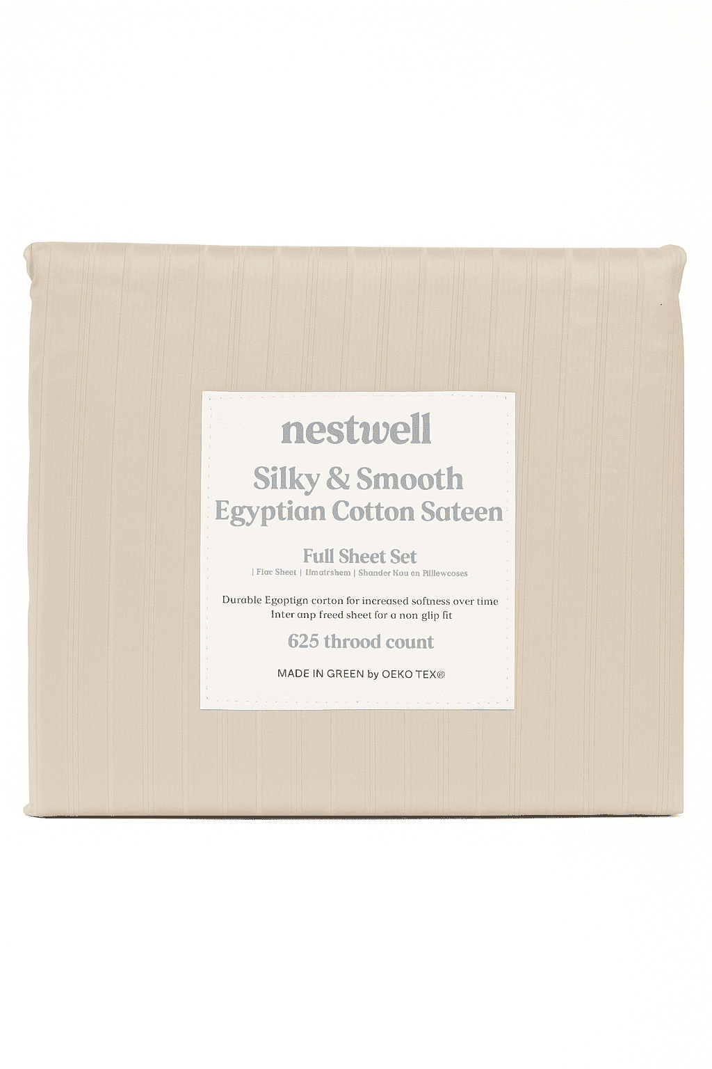 Nestwell Silky & Smooth Egyptian Cotton Sateen, FULL Sheet Set - Beige, 625TC