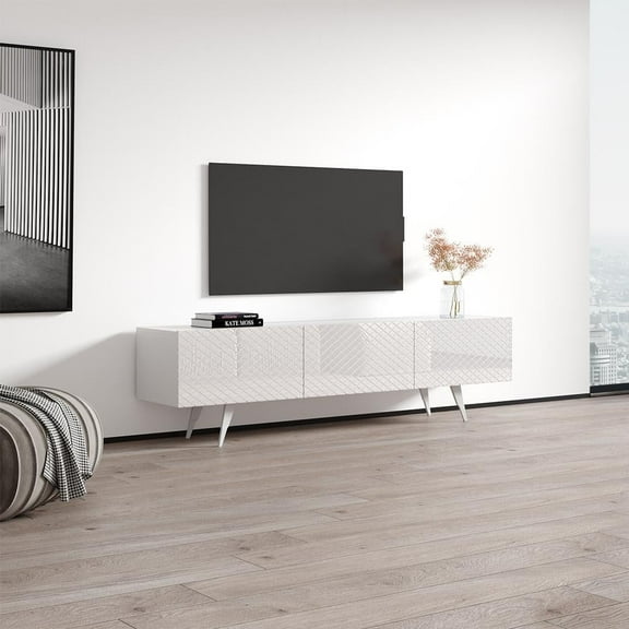 Net 03 TV Stand for TVs up to 80", Mid-Century Modern High Gloss 71" Entertainment Center, TV Media Console with Storage Cabinets