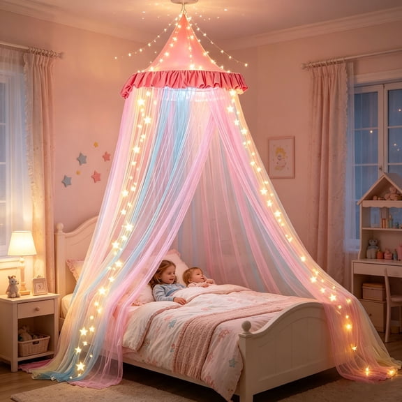 Net Bed Canopy, Bed Canopy For Girls Size From Ceiling, Two Tone Bed Net Grey With Warm Lights Bed, Machine Washable Canopy