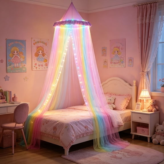 Net Bed Canopy, Bed Canopy For Girls Size From Ceiling, Two Tone Bed Net Grey With Warm Lights Bed, Machine Washable Canopy