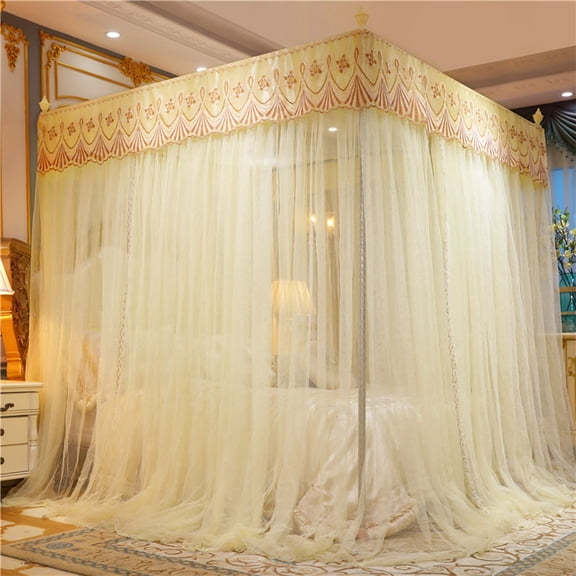 Net Bed Canopy Curtain with Lace Ruffles, Floor-Length Princess Palace Style for Bedroom Decor, Fits Twin Full Queen King Beds