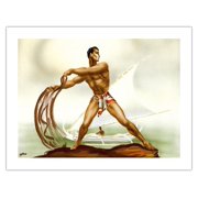 Net Fisherman (Lawaiʻa) with Outrigger - Vintage Hawaiian Airbrush Art by Gill c.1940s - Bamboo Fine Art 290gsm Paper (Unframed) 17x22in
