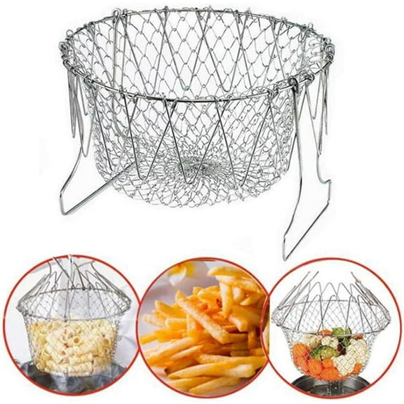 Net Fry Cooking Fryer Basket,GIXUSIL Silver Stainless Steel Foldable Fry Basket,Frying Basket Strainer,Collapsible Colander,Net Folding Frying Basket,for Fries, Vegetables, Salads