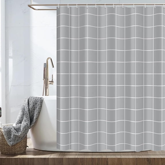 Net Light Grey Grid Plaid Minimalist Shower Curtain, White Line Simple Modern Shower Curtain Sets Decoration 72x72 Inch with Hooks