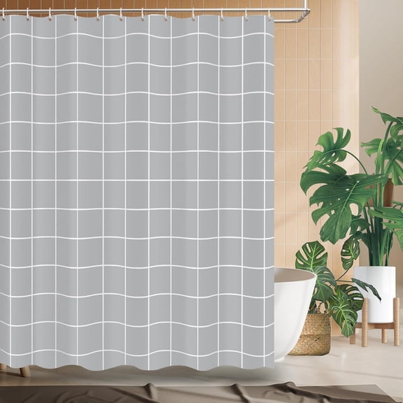 Net Light Grey Grid Plaid Minimalist Shower Curtain, White Line Simple Modern Shower Curtain Sets Polyester Decoration with Hooks 72"W x 72"L (Pack of 1)