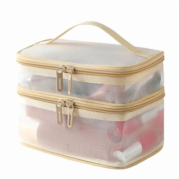 Net Yarn Double Layer Makeup Bag,Cosmetic Pouch Transparent Travel Toiletry Cosmetic Bag Organizer
