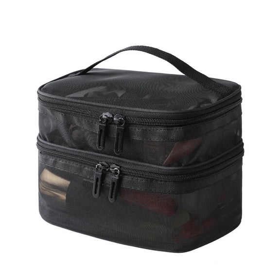 Net Yarn Double Layer Makeup Bag,Cosmetic Pouch Transparent Travel Toiletry Cosmetic Bag Organizer