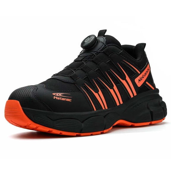 Netanac Steel Toe Shoes for Men Women, Lightweight Wide Work Shoes,Comfortable Breathable Safety Sneakers,Durable Soft Sole, Black&Orange,Size9