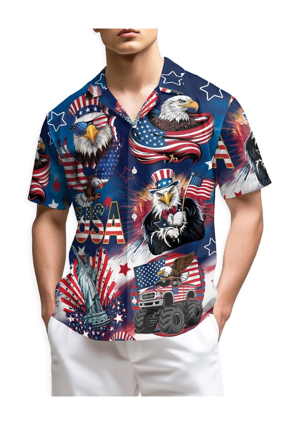 4th of July America Flag Bald Eagle Hawaiian Shirt for Men, Summer Beach Aloha Button Down Short Sleeve Shirts, S-5XL