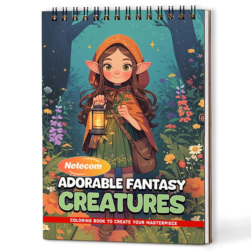 Netecom Adorable Fantasy Creatures Coloring Book Spiral Bound For Adults, A5 Wooden Cover, 30 Whimsical Coloring Pages of Cute Mythical Creatures for Stress Relief and Relaxation