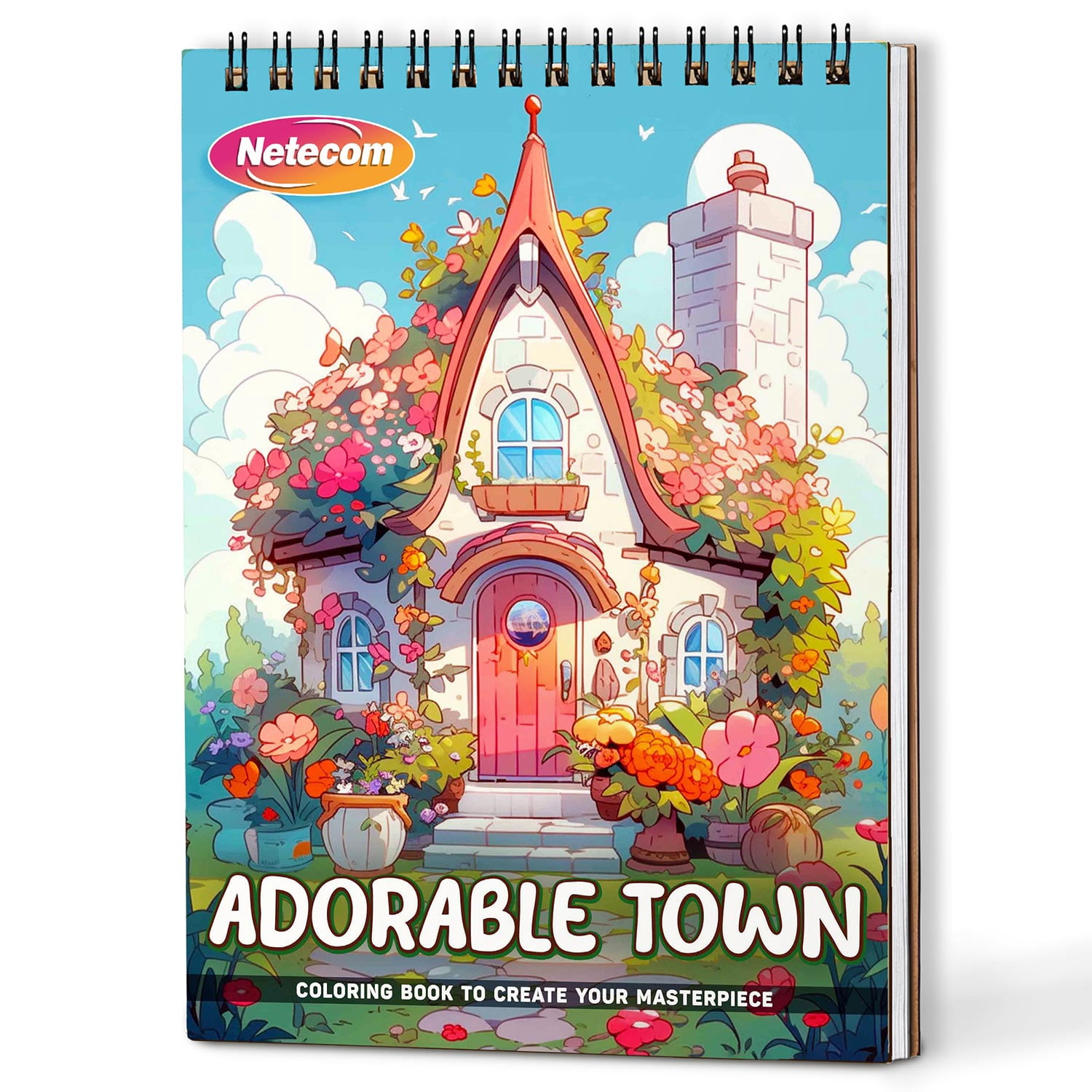 Netecom Adorable Town Spiral Bound Coloring Book for Adults, A5 Wooden Cover, 30 Charming Coloring Pages of Kawaii World for Stress Relief and Relaxation