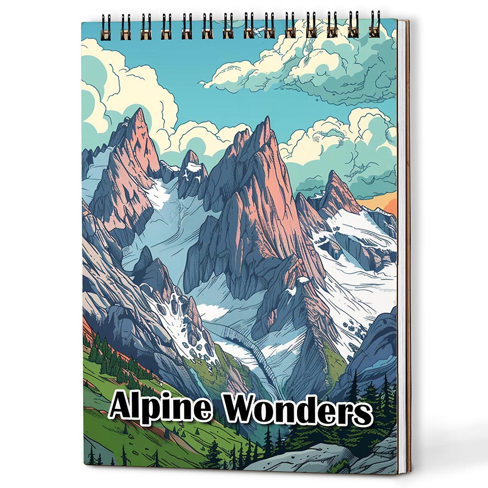 Netecom Alpine Wonders Coloring Book for Adults, A5 Wooden Cover, 30 Scenic Coloring Pages of Miracle Mountains for Stress Relief and Relaxation, Spiral Bound Edition