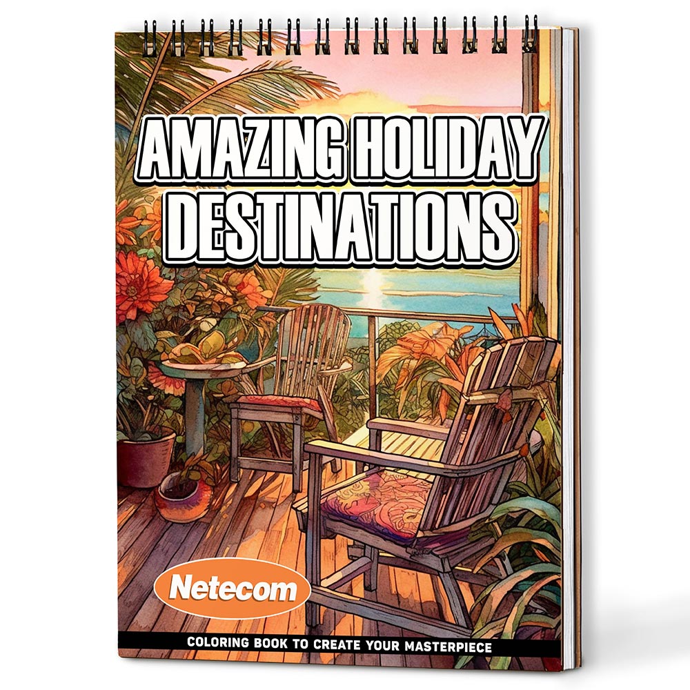 Netecom Amazing Holiday Destinations Coloring Book Spiral Bound for Adults, A5 Wooden Cover, 30 Peaceful Coloring Pages of Natural Landscapes for Stress Relief and Relaxation