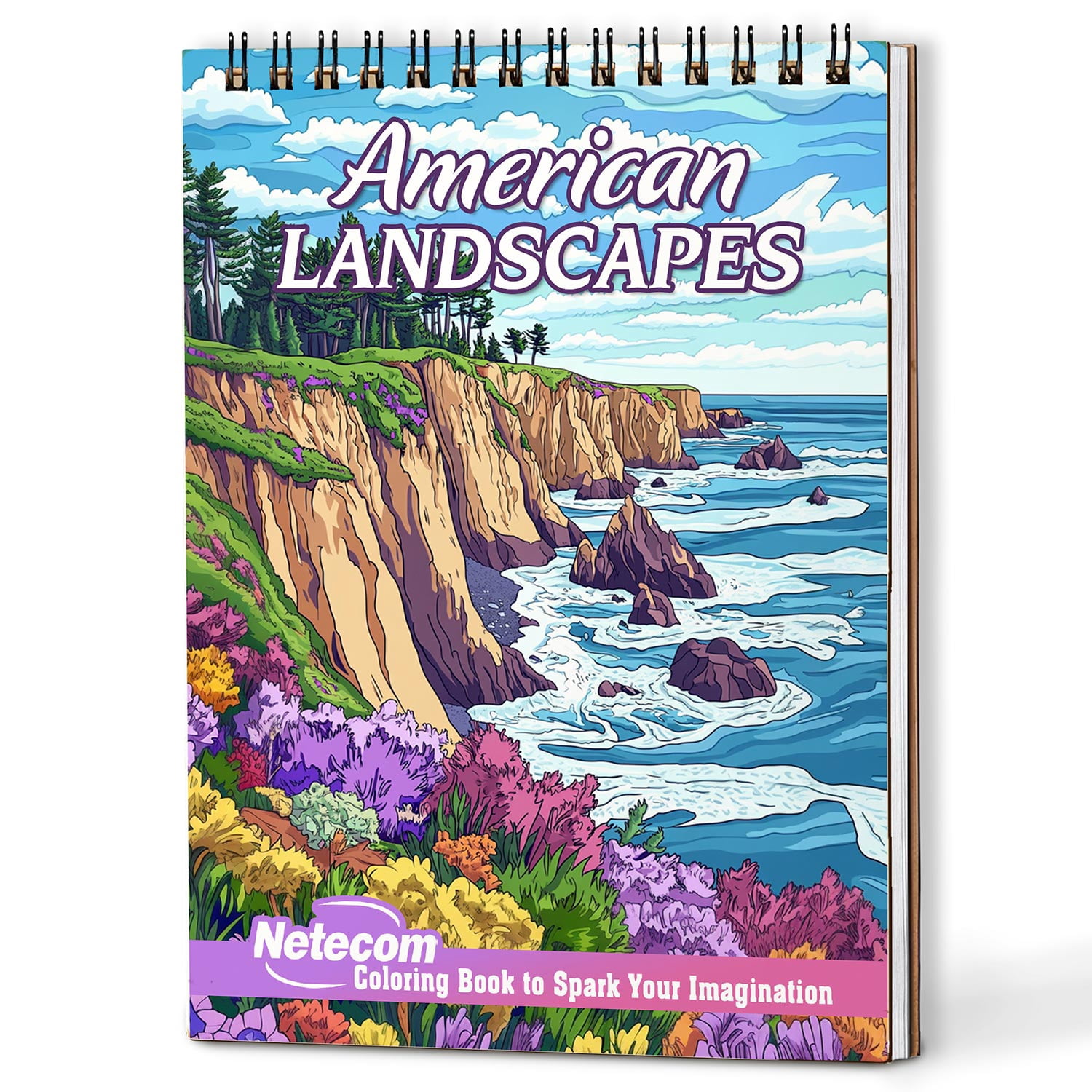 Netecom American Landscapes Coloring Book Spiral Bound for Adults, A5 Wooden Cover, 30 Tranquil Coloring Pages of Nature Scenes in America for Stress Relief and Relaxation