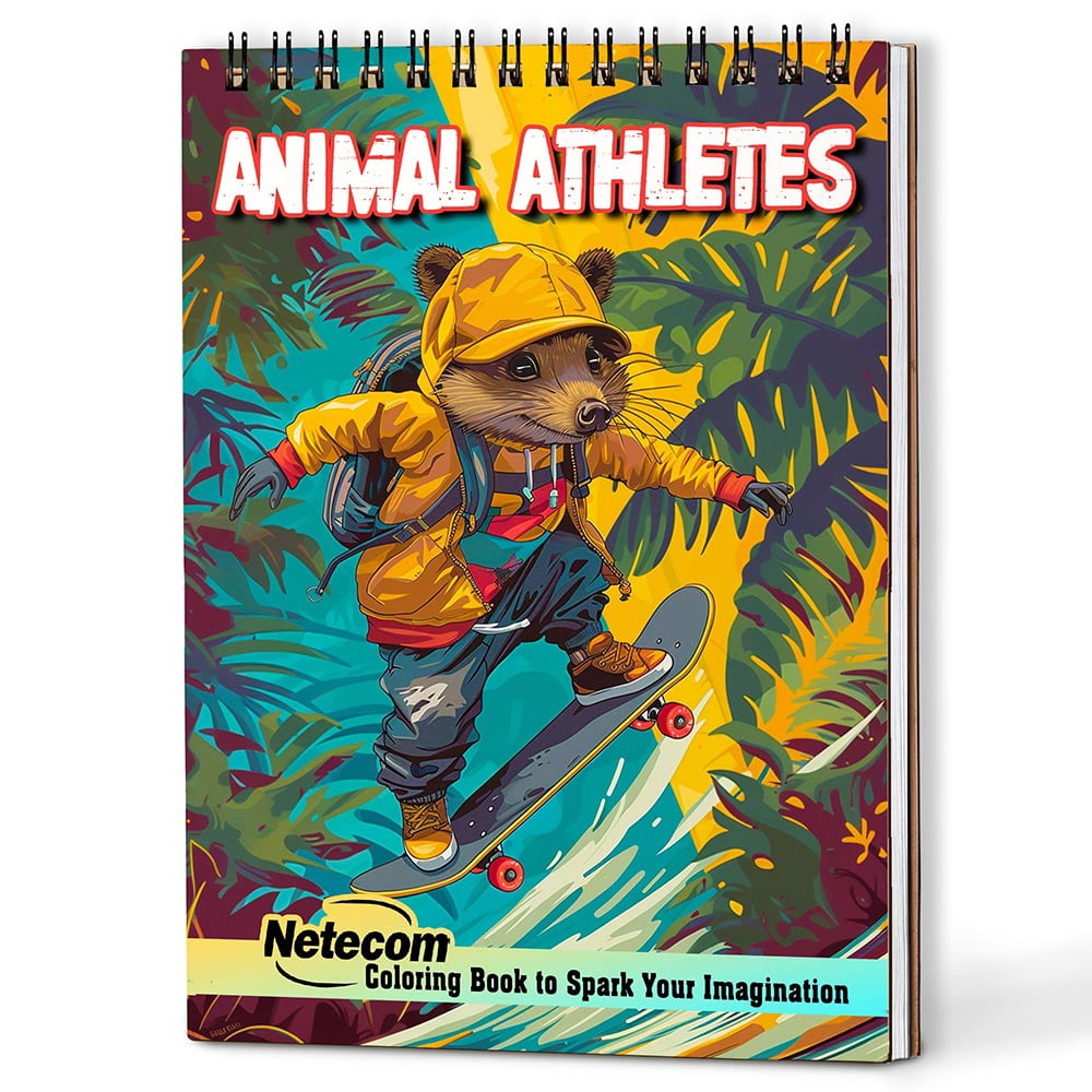 Netecom Animal Athletes Coloring Book for Adults, A5 Wooden Cover, 30 Dynamic Coloring Pages of Sports-Playing Animals for Stress Relief and Relaxation, Spiral Bound Edition