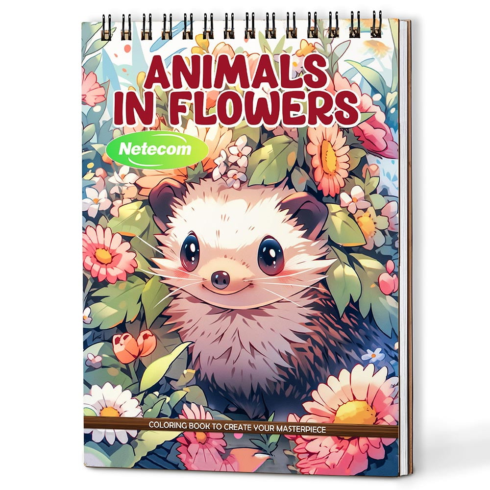 Netecom Animals in Flowers Coloring Book Spiral Bound For Adults, A5 Wooden Cover, 30 Beautiful Coloring Pages of Cute Animals and Vibrant Flowers for Stress Relief