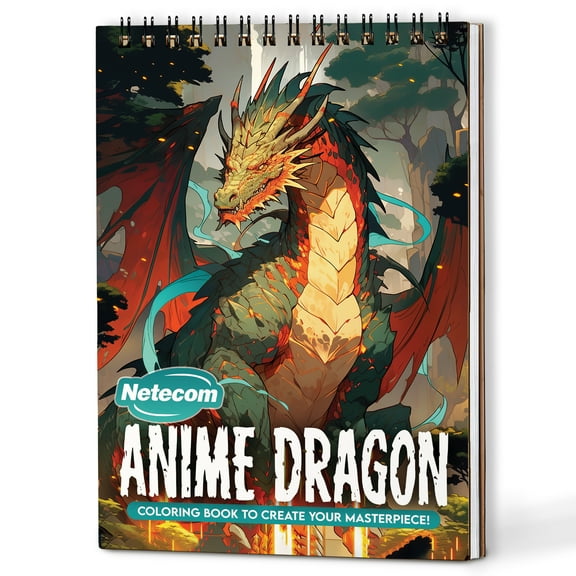 Netecom Anime Dragons Coloring Book Spiral Bound for Adults, A5 Wooden Cover, 30 Majestic Dragons in Anime Style Coloring Pages for Stress Relief and Relaxation