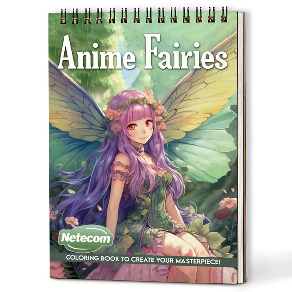 Netecom Anime Fairies Coloring Book Spiral Bound for Adults, A5 Wooden Cover, 30 Kawaii Fairies Coloring Pages of Fanciful World for Stress Relief and Relaxation
