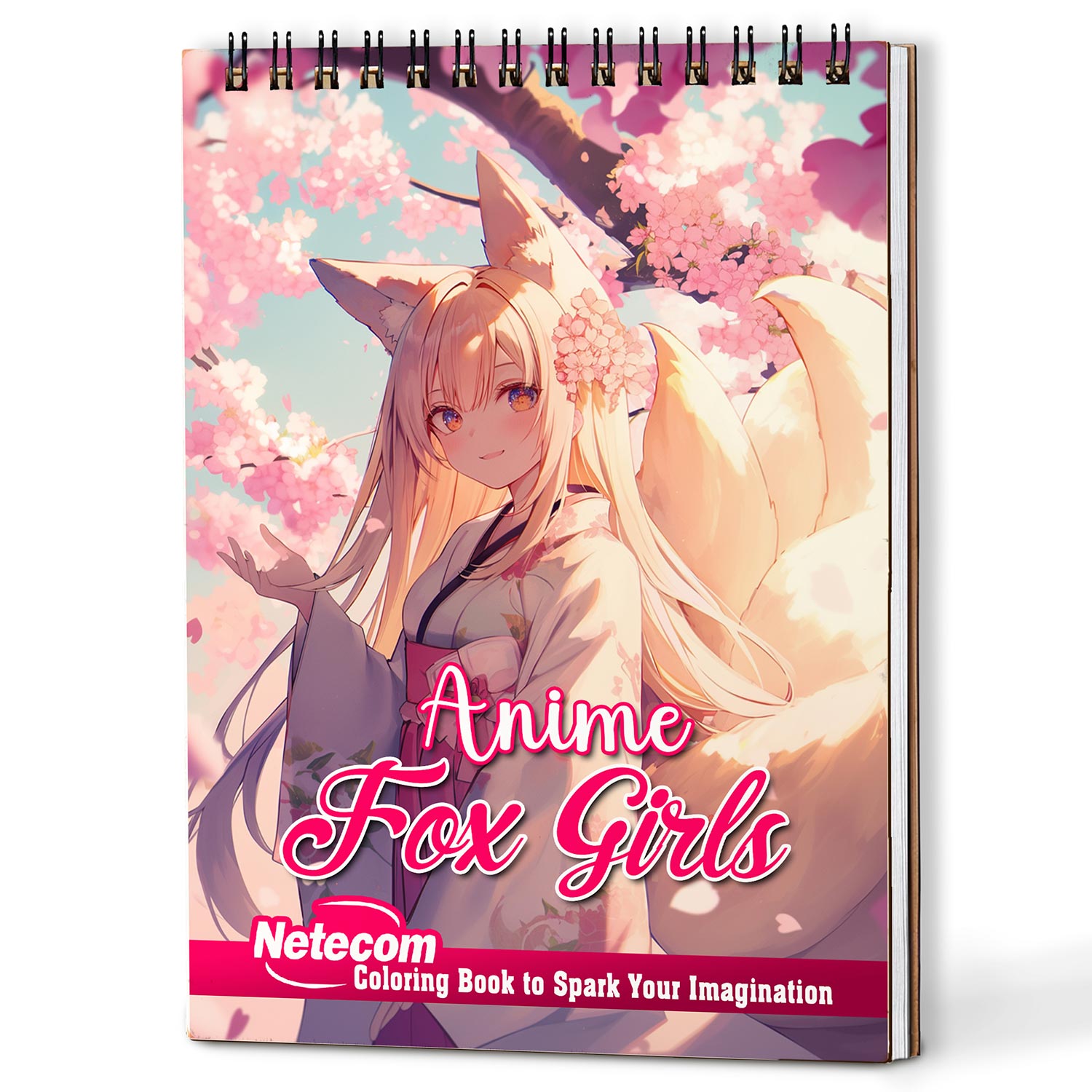Netecom Anime Fox Girls Coloring Book Spiral Bound for Adults, A5 Wooden Cover, 30 Cute Coloring Pages of Japanese Fox Maiden for Stress Relief and Relaxation