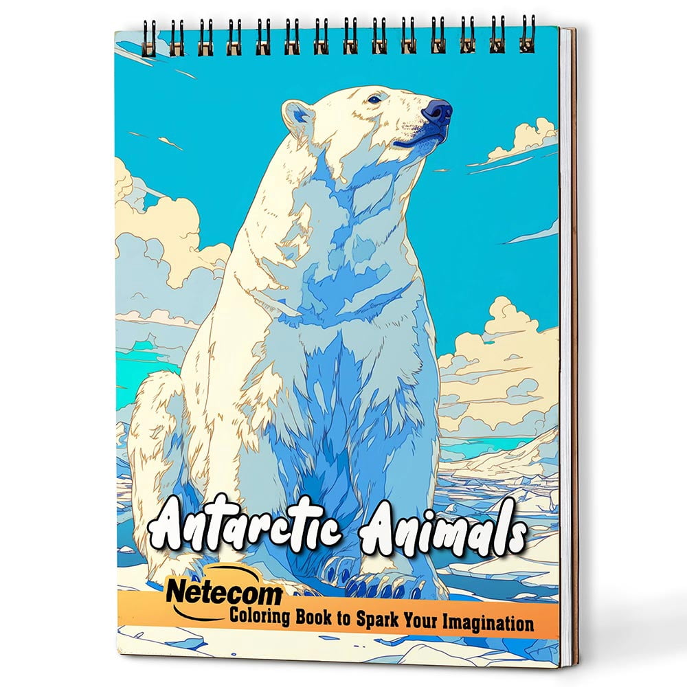 Netecom Antarctic Animals Coloring Book for Adults, A5 Wooden Cover, 30 Beautiful Nature Coloring Pages of Antarctic Wildlife for Stress Relief and Relaxation, Spiral Bound Edition