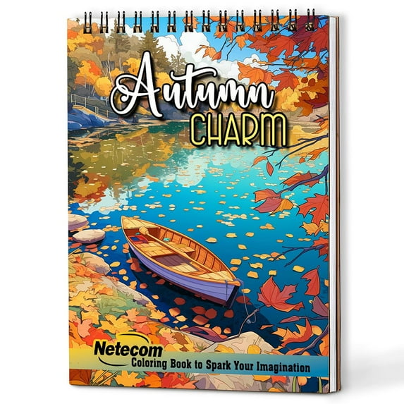 Netecom Autumn Charm Coloring Book Spiral Bound for Adults, A5 Wooden Cover, 30 Charming Coloring Pages of Fall Scenes for Stress Relief and Relaxation
