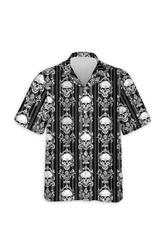 B&W Skull Pattern Hawaiian Shirt for Men, Button Down Summer Beach Short Sleeve, Horror Style, S-5XL