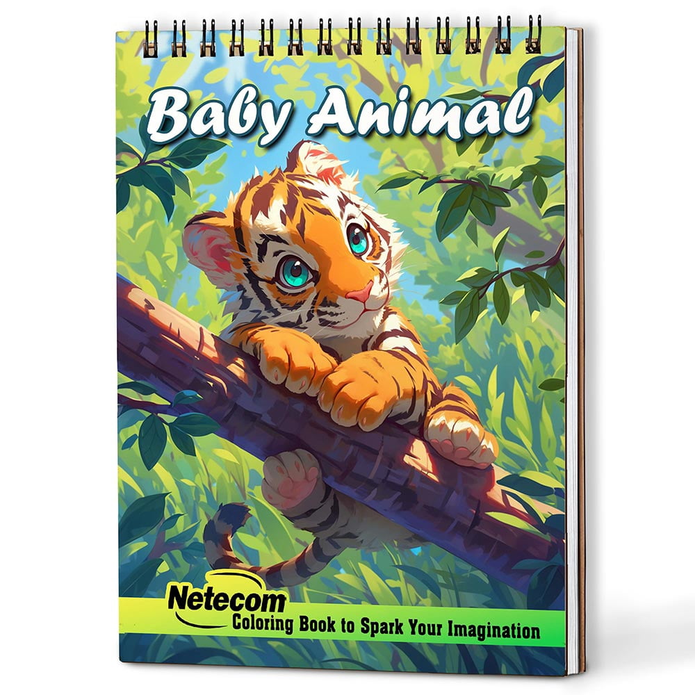 Netecom Baby Animal Coloring Book Spiral Bound for Adults, A5 Wooden Cover, 30 Cuddly Coloring Pages of Forest Animal for Stress Relief and Relaxation