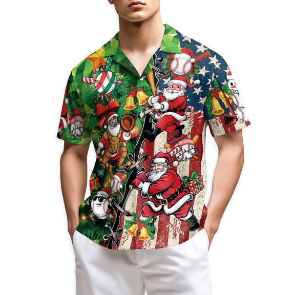 Netecom Baseball Santa USA Flag Christmas Hawaiian Shirt for Men, Funny Holiday Sport Button Down Summer Beach Shirt, S-5XL