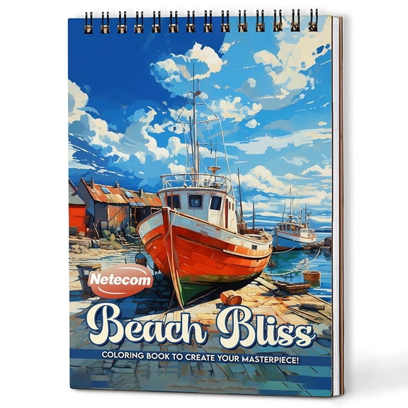 Netecom Beach Bliss Coloring Book Spiral Bound for Adults, A5 Wooden Cover, 30 Charming Beaches Coloring Pages of Summer Scenes for Stress Relief and Relaxation