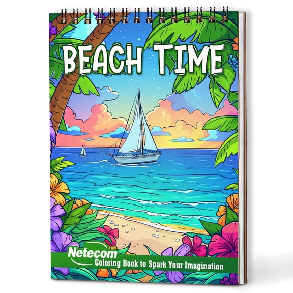 Netecom Beach Time Coloring Book Spiral Bound for Adults, Wooden Cover, 30 Peaceful Coloring Pages of Seacoast Landscapes for Stress Relief and Relaxation