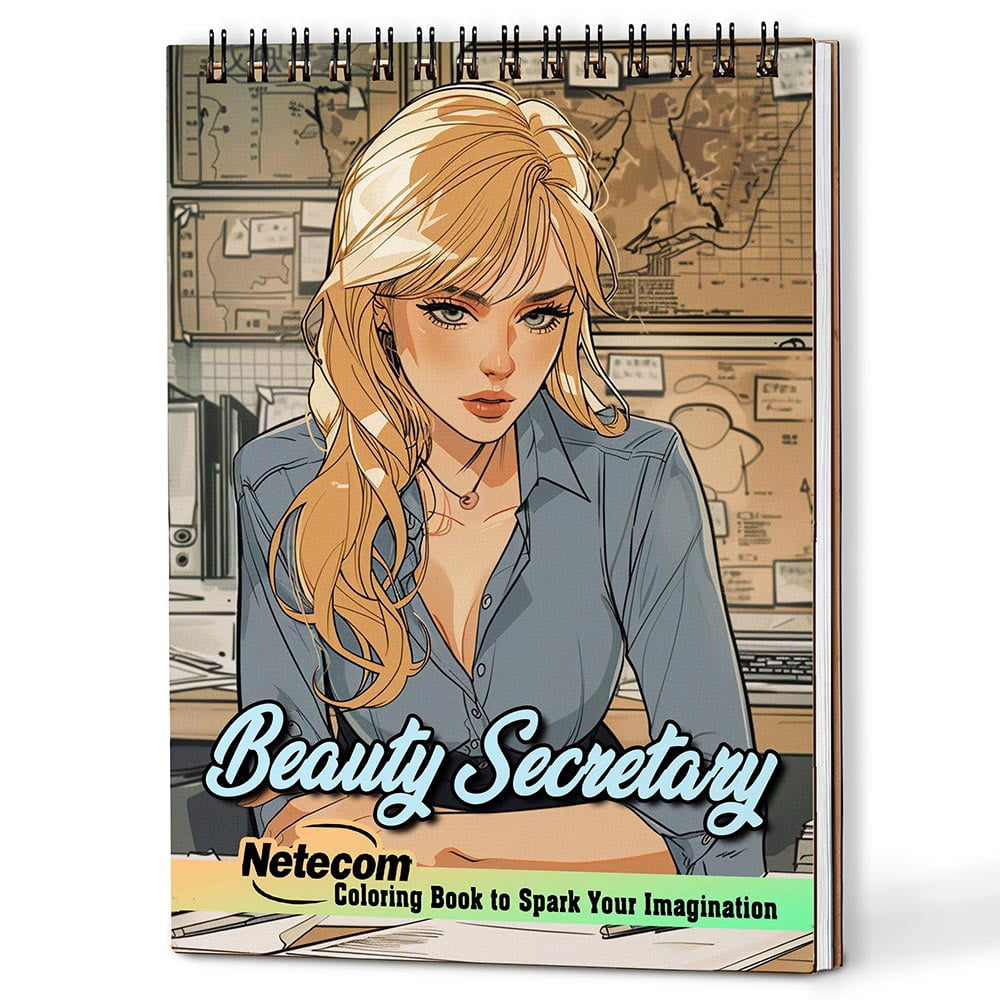 Netecom Beauty Secretary Coloring Book for Adults, A5 Wooden Cover, 30 Enchanting Coloring Pages of Stylish Secretaries for Stress Relief and Relaxation, Spiral Bound Edition