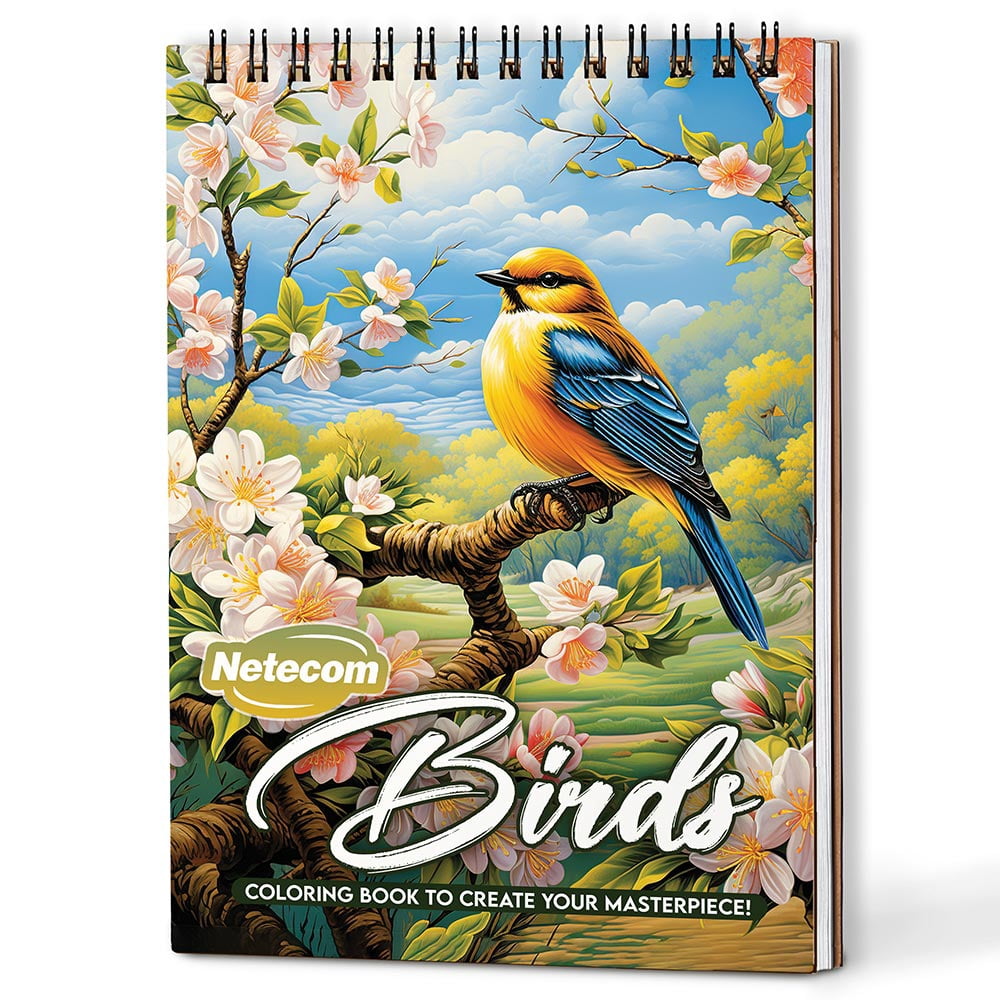 Netecom Birds Coloring Book Spiral Bound for Adults, A5 Wooden Cover, 30 Charming Birds Coloring Pages with Variety of Bird Species for Stress Relief and Relaxation
